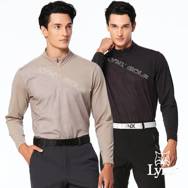 Lynx Golf 男款保暖舒適內磨毛半身剪裁印花配布造型Lynx字樣貼膜設計長袖立領POLO衫(二色)