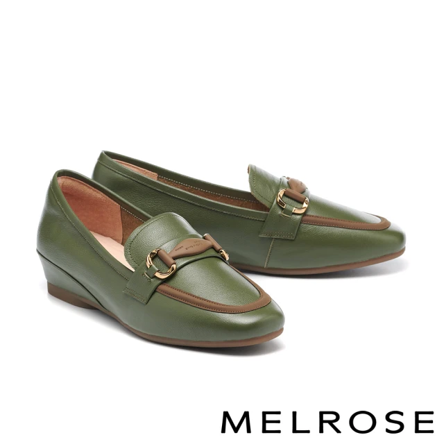 MELROSEMELROSE 美樂斯 復古霧感飾釦牛皮樂福楔型低跟鞋(綠)