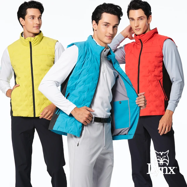 Lynx Golf 男款保暖防風防潑水羽絨壓紋剪裁配布設計立體印LOGO造型拉鍊口袋無袖背心(三色)