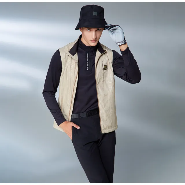 【Lynx Golf】男款防潑水防風保暖刷毛壓光造型羅紋配布剪裁設計拉鍊口袋無袖背心(二色)