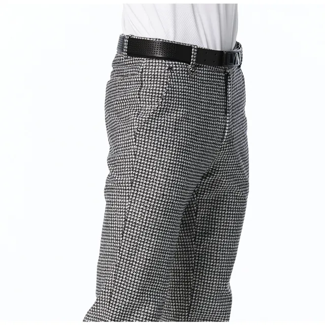 【Lynx Golf】男款日本進口布料彈性舒適保暖經典時尚千鳥紋路造型平口微窄管休閒長褲(灰色)