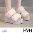 【HMH】厚底拖鞋 坡跟拖鞋 一字拖鞋/可愛毛毛一字帶坡跟厚底拖鞋(米)