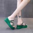【HMH】厚底拖鞋 坡跟拖鞋 撞色拖鞋/閃耀美鑽撞色格子Z字帶造型坡跟厚底拖鞋(綠)