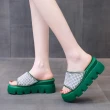 【HMH】坡跟拖鞋 厚底拖鞋 美鑽拖鞋/華麗美鑽貼面造型厚底坡跟拖鞋(綠)
