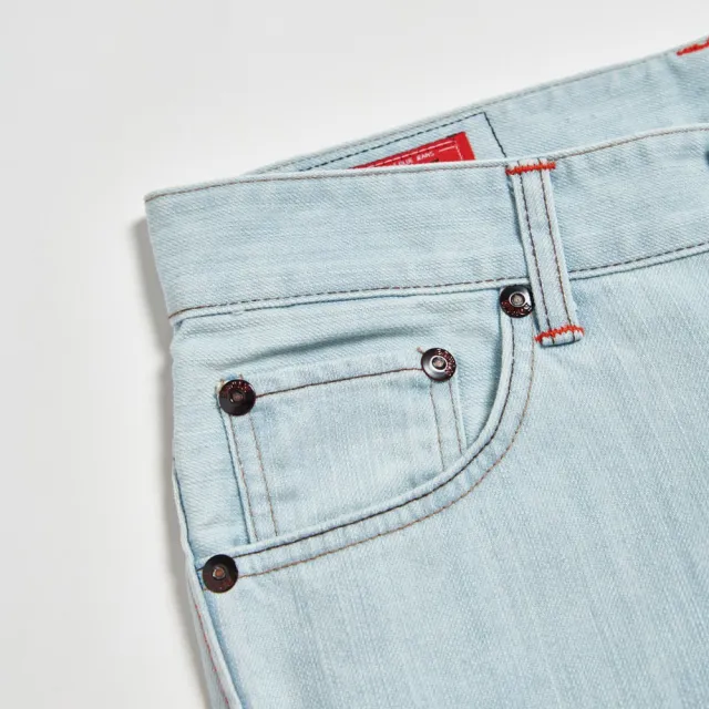 【EDWIN】男裝 斜袋紅線窄管牛仔褲(漂淺藍)