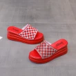 【HMH】坡跟拖鞋 厚底拖鞋 撞色拖鞋/閃耀美鑽撞色格子造型坡跟厚底拖鞋(紅)