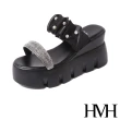 【HMH】坡跟拖鞋 珍珠拖鞋 一字拖鞋/閃耀一字鑽帶珍珠造型坡跟拖鞋(黑)