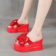 【HMH】坡跟拖鞋 厚底拖鞋 蝴蝶結拖鞋/可愛毛毛蝴蝶結造型坡跟厚底拖鞋(紅)