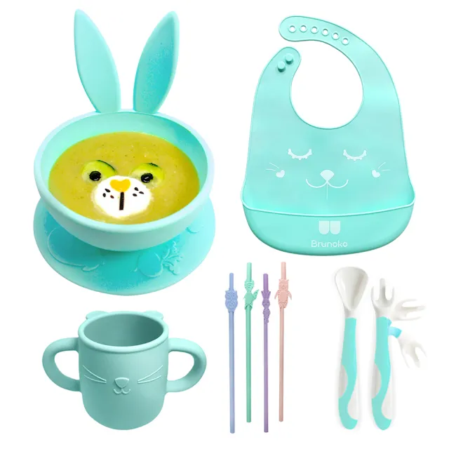 【西班牙BRUNOKO】兔子碗 5合1 嬰兒餐具(碗/勺子叉子組/嬰兒圍兜/兒童杯/矽膠吸管)