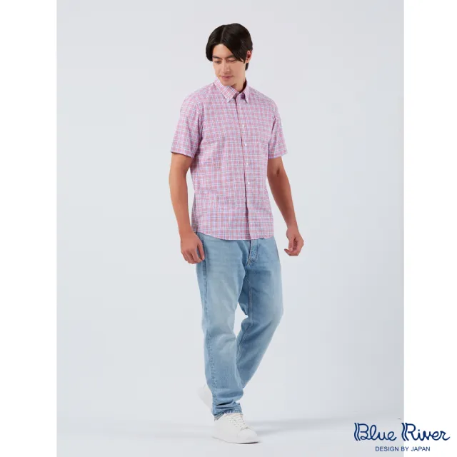 【Blue River 藍河】男裝 粉紅色鈕扣領短袖襯衫-格紋風采(日本設計 純棉舒適)
