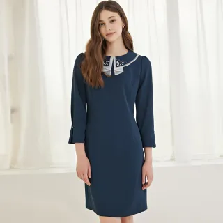 【ILEY 伊蕾】水鑽珍珠層次造型領厚雪紡洋裝(深藍色；M-2L；1224017055)