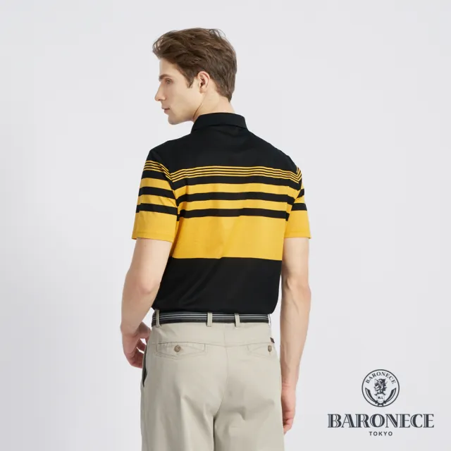 【BARONECE 百諾禮士】男款 雙絲光定位條紋短袖POLO衫-黑色(1198212-99)