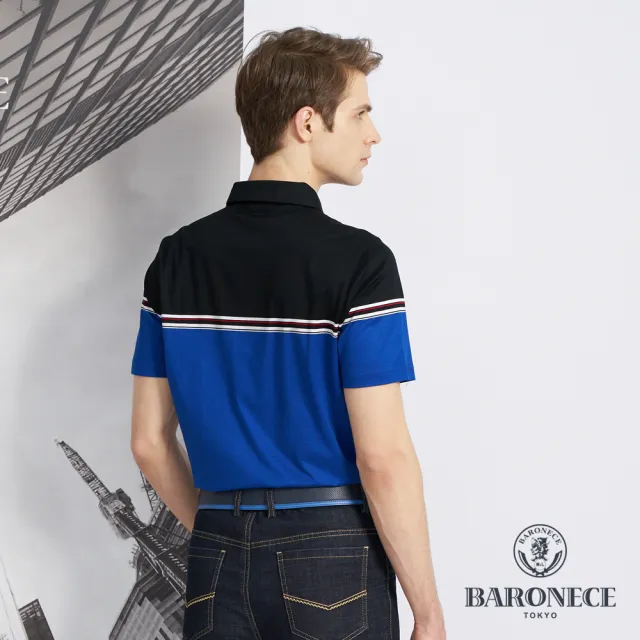 【BARONECE 百諾禮士】男款 雙絲光定位條紋短袖POLO衫-寶藍色(1198213-36)