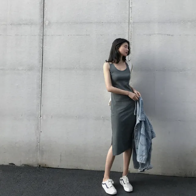 【D.studio】韓版開叉氣質顯瘦長版吊帶洋裝(連衣裙 連身裙 上衣 套裝 女裝 裙裝 短袖洋裝 S186)
