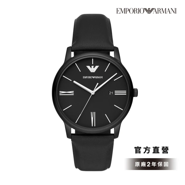 EMPORIO ARMANIEMPORIO ARMANI 官方直營 Minimalist 酷黑風潮羅馬數字手錶 黑色真皮錶帶 42MM AR11573