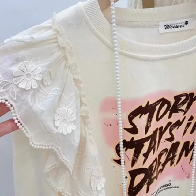 【BBHONEY】空氣棉蕾絲花邊印花棉TEE(秋冬長袖上衣)