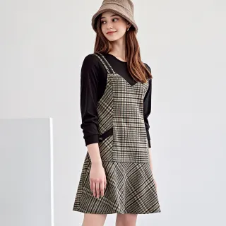 【ILEY 伊蕾】復古英倫格紋針織吊帶假兩件洋裝(黑色；M-XL；1224217205)