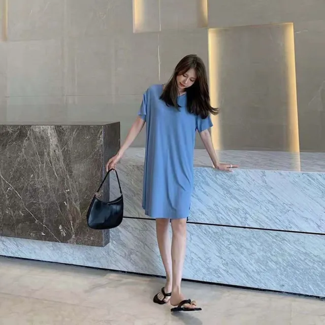 【D.studio】韓版薄款冰絲涼感寬鬆垂感連衣裙(睡衣居家服短袖上衣短袖t恤女裝衣服寬鬆上衣素T T575)