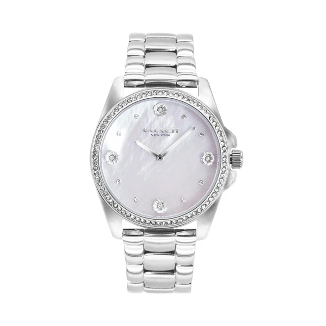 COACH 山茶花系列 銀框 貝殼面 不鏽鋼錶帶 晶鑽腕錶 女錶 手錶(CO14504108)