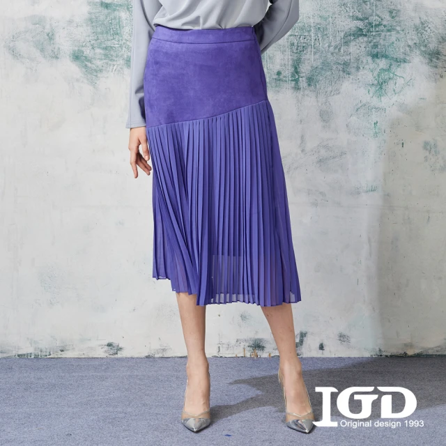 IGD 英格麗 網路獨賣款-麂皮拼接雪紡百摺裙(紫色)