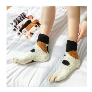 【Porabella】一組兩雙 襪子 襪子女 可愛襪子 貓爪襪 貓掌襪 珊瑚絨襪 絨毛襪 保暖襪 中筒襪 SOCKS