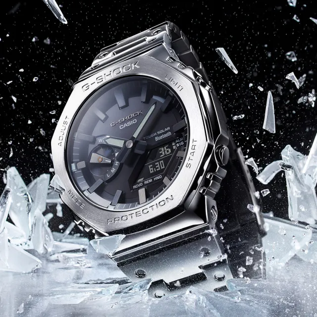 【CASIO 卡西歐】G-SHOCK 太陽能藍牙 金屬八角防護構造雙顯錶 情人節 送禮(GM-B2100D-1A)