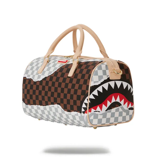 【SPRAYGROUND】UNSTOPPABLE ENDEAVORS II 拼接方格鯊魚迷你行李袋(棕色)