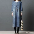 【ACheter】韓系仿古流蘇牛仔長版長袖寬鬆連身裙圓領洋裝#120042(藍)