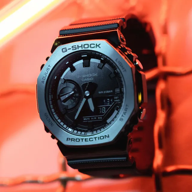 【CASIO 卡西歐】G-SHOCK 酷黑時尚 金屬八角防護構造雙顯錶 禮物 開學(GM-2100BB-1A)