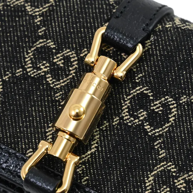 【GUCCI 古馳】Jackie 1961 經典雙G緹花布牛皮拼接扣式零錢短夾(黑邊)