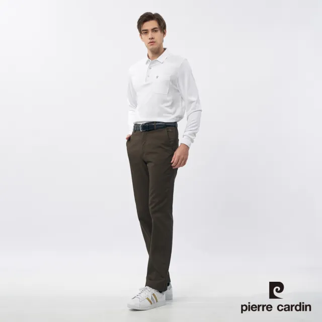 【pierre cardin 皮爾卡登】休閒服飾 男款 素色暗紋橫條長袖POLO衫-白色(5235206-90)
