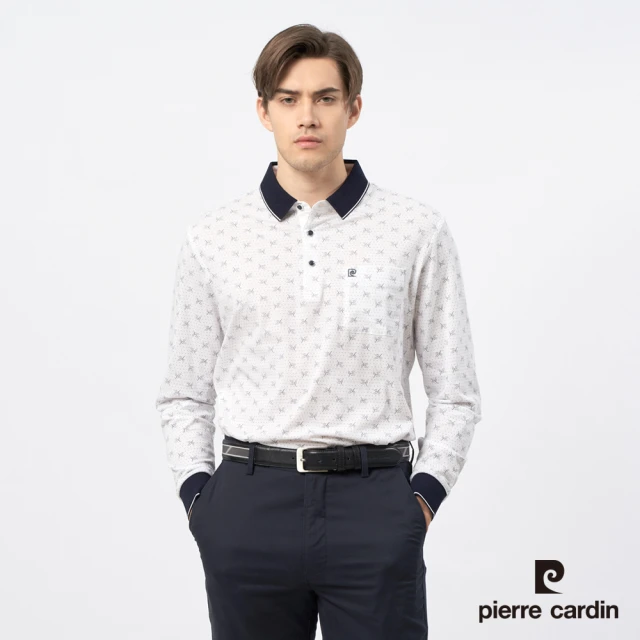 pierre cardin 皮爾卡登 商務休閒 男款 印花長袖POLO衫-白色(5235209-90)