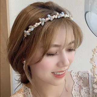 【AnnaSofia】韓式髮箍新娘髮飾-浪漫花菲晶葉 現貨(灰藍系)