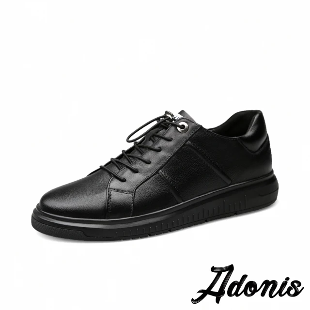 【Adonis】全真皮頭層牛皮彈力抽繩質感厚底休閒鞋-男鞋(黑)