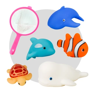 【888ezgo】5入海洋動物洗澡玩具啾啾（大白鯨版）（附撈網）（安全漆ST401）