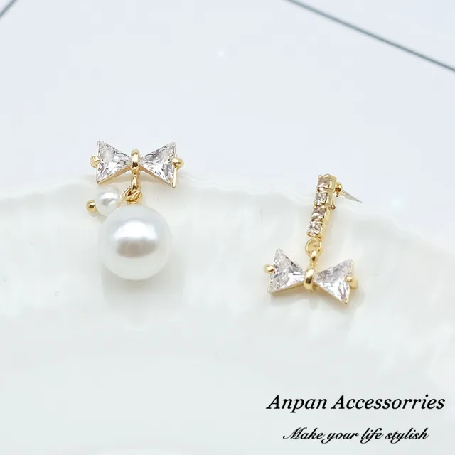 【Anpan】925銀針韓東大門簡約蝴蝶結珍珠水晶不對稱耳環