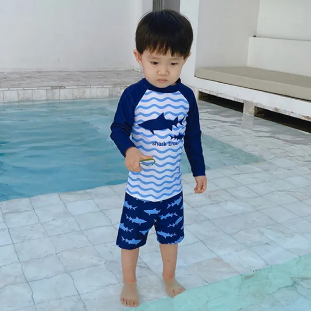 【AS 梨卡】兒童 男童 防曬 二件式泳衣 長袖 泳衣 泳裝 潛水衣 附泳帽CH673