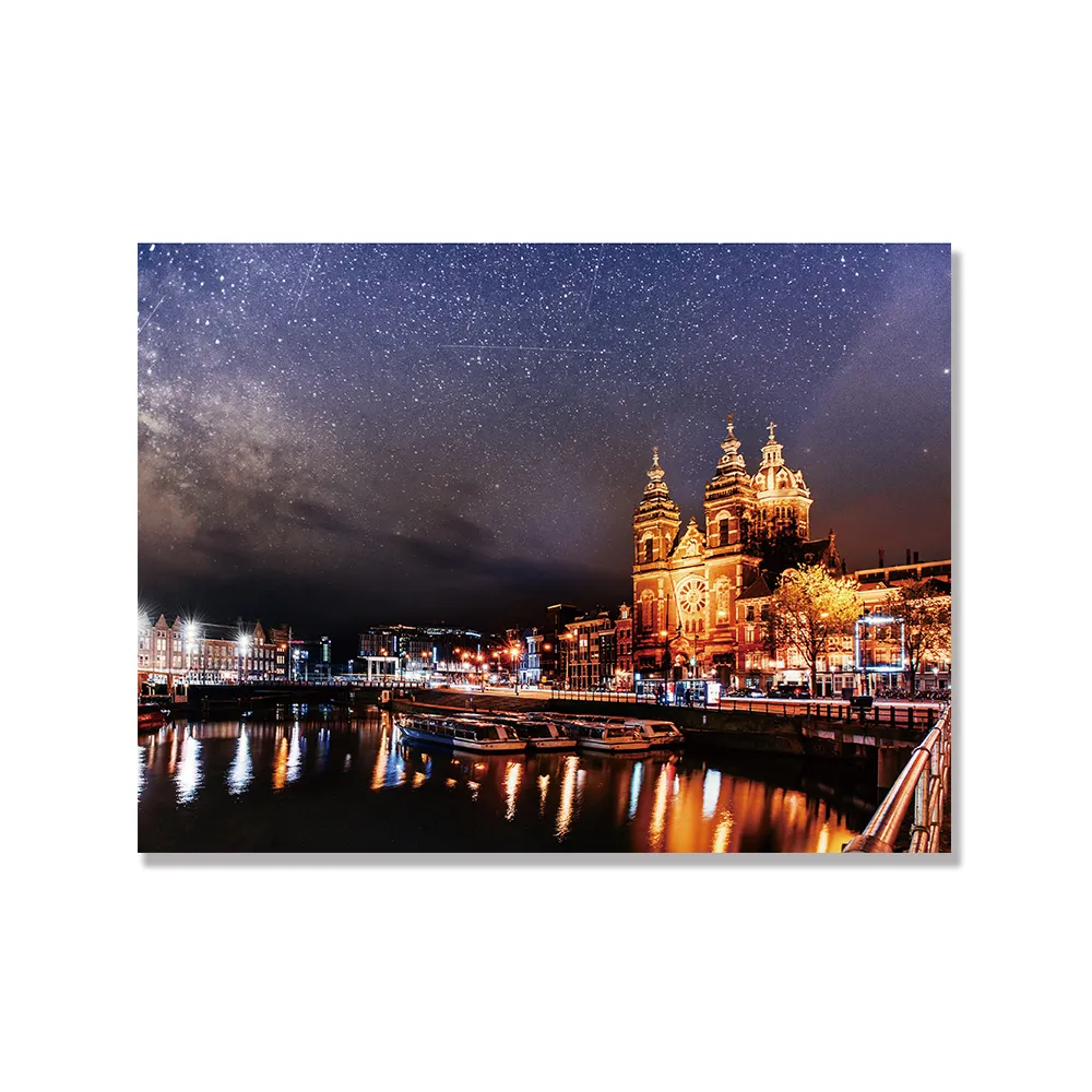 【24mama 掛畫】單聯式 鑽石膜 橫幅 荷蘭 阿姆斯特丹 城市 運河 河岸  夜景 河景 無框畫 40x30cm(迷幻河岸)