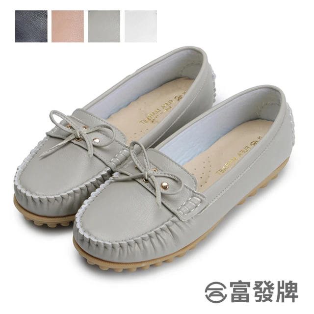 FUFA Shoes 富發牌 皮質細線蝴蝶結豆豆鞋-灰 1DR25(女鞋/女懶人鞋/莫卡辛鞋/包鞋)