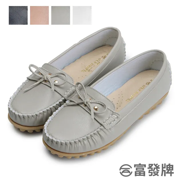 【FUFA Shoes 富發牌】皮質細線蝴蝶結豆豆鞋-灰 1DR25(女鞋/女懶人鞋/莫卡辛鞋/包鞋)