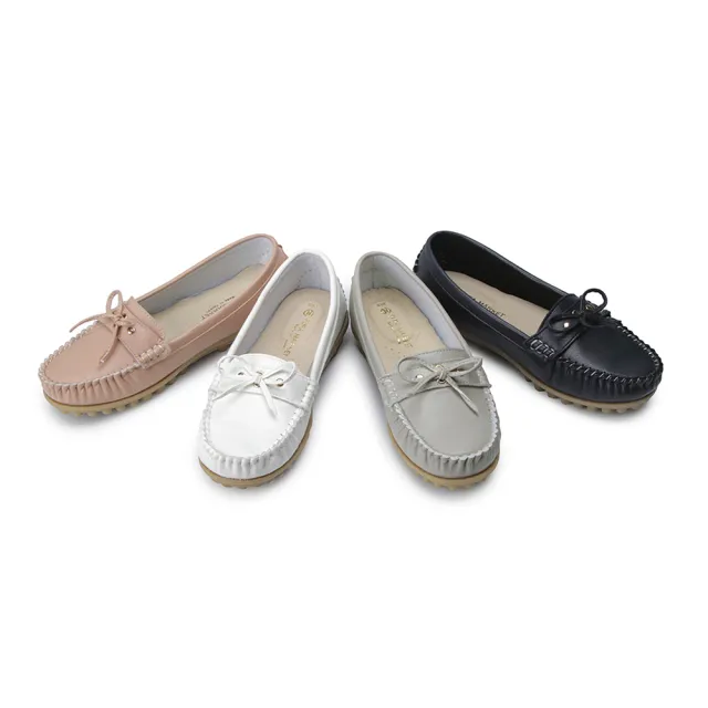 【FUFA Shoes 富發牌】皮質細線蝴蝶結豆豆鞋-粉/白/藍/灰 1DR25(女鞋/懶人鞋/莫卡辛鞋)