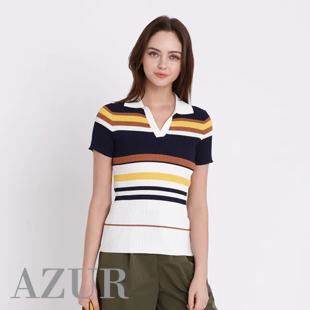 【AZUR】英式學院條紋針織短袖POLO衫-2色