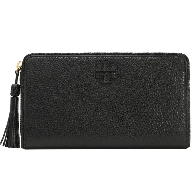 【TORY BURCH】TAYLOR黑色皮革編織流蘇長夾