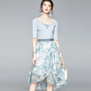 【A’bella 艾貝菈】灰藍針織縫珠荷葉邊雪紡裙套裝(S-XL)