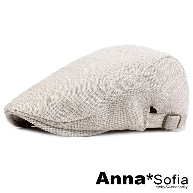 【AnnaSofia】鴨舌帽明星潮帽貝蕾帽狩獵帽報童帽小偷帽-氣質棉麻交錯格紋 現貨(米黃系)