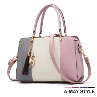【Amay Style 艾美時尚】女包 手提包 優雅拼色貓咪吊飾手提肩背包(5色.預購)