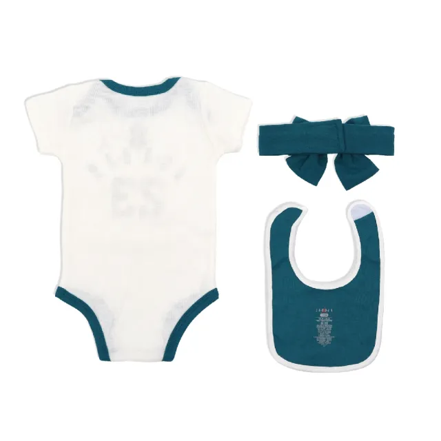 【NIKE 耐吉】包屁衣 Jordan Baby 白 綠 短袖 圍兜 頭帶 蝴蝶結 純棉 送禮 寶寶 嬰兒(JD2343021NB-001)