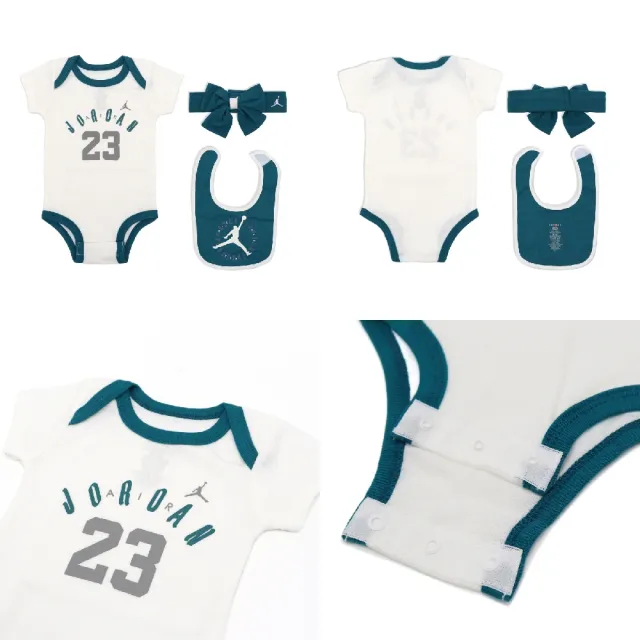 【NIKE 耐吉】包屁衣 Jordan Baby 白 綠 短袖 圍兜 頭帶 蝴蝶結 純棉 送禮 寶寶 嬰兒(JD2343021NB-001)