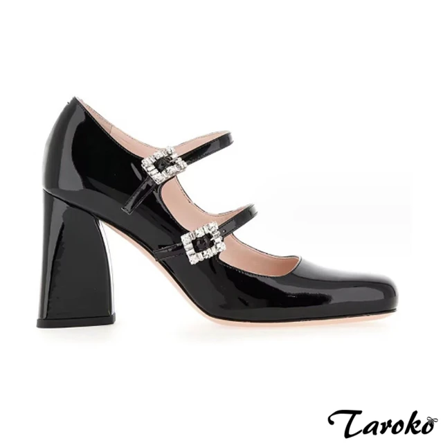 TarokoTaroko 法式高雅全真羊皮水鑽一字扣方頭粗高跟鞋(黑色)