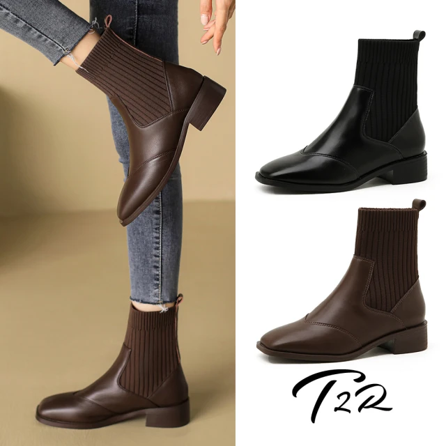 T2R 正韓-真皮針織拼接套腳短筒襪靴-增高約4公分-黑/棕